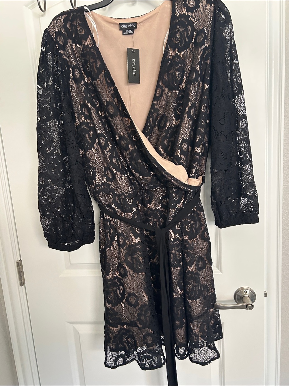 City Chic Black Lace Wrap Romper with Nude Slip